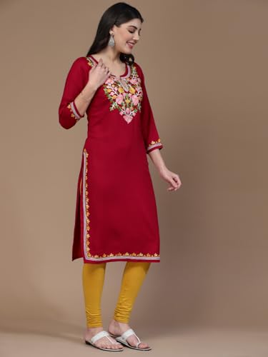 Image of QAZMI Women's Floral Aari Embroidered Viscose Rayon 3 /4 Sleeves Straight Kurta