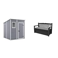 Keter Manor Pent Garden Storage Shed 6 x 6 feet - Grey, 200.6 cm*183.5 cm*183.0 cm & Eden Bench 265L Outdoor 60% recycled Garden Furniture Storage Box Graphite & Light Grey
