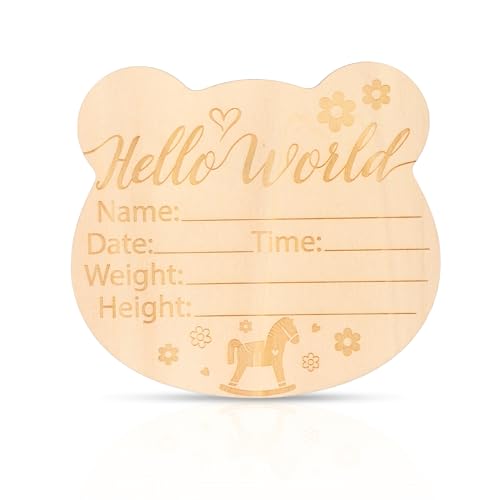 Image of Baby Announcement Sign, 5.91x5.35 Inch Wooden Hello World Newborn Sign Newborn Announcement Sign Birth Announcement Cards Baby Name Cards for Baby Gift (Style 2)