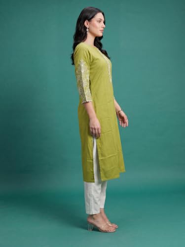 Image of INDO ERA Women's Cotton Straight Fit Floral Embroidered Kurta (KT0GN9776)