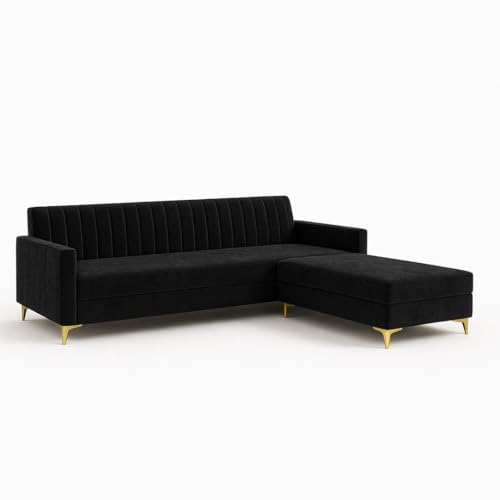 Image of SOCOZI Morello 4 Seater L Shape Sofa Set with Movable Ottoman | Flexible Left or Right Layout | Soft Velvet Suede Fabric | Modern Design | Plush Comfort Cushions for Living Room (Black)
