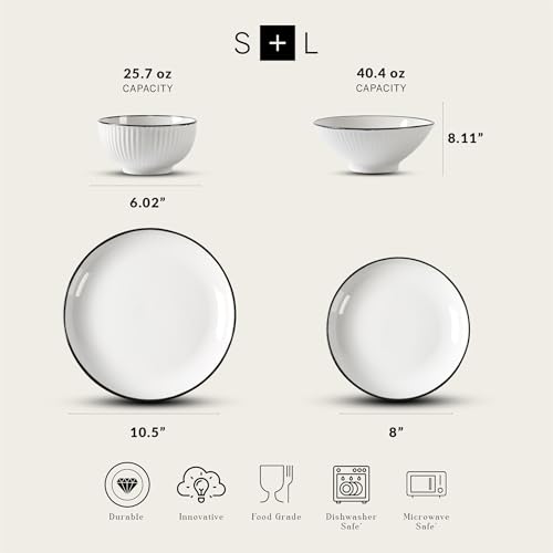 Image of Christian Siriano Lustra Modern 16-Piece Stoneware Dinnerware Set, Plates and Bowls Set, Dinner and Salad Plates, Ramen Bowls, Dishes for 4, White