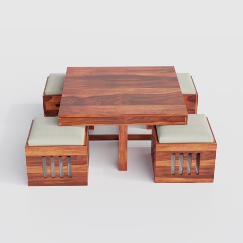 Image of Solid Sheesham Wood Coffee Table with 4 Cushioned Nested Stools | Space-Saving Center Table for Living Room | Modern Wooden Tea Table Set for Home, Lounge & Office Decor | Sheesham, Walnut Brown