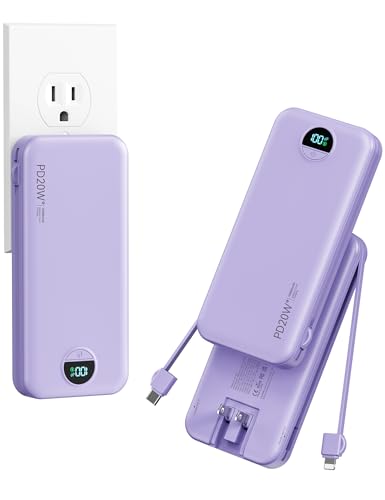 10000mAh Ultra-Portable-Charger-Power-Bank with Built in Cables&AC Wall Plug PD20W USB-C Fast Charging Cell Phone Charger Battery Pack LED Display Travel Battery Bank for All iPhone Samsung Android