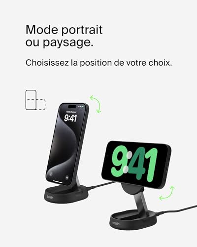Belkin BoostCharge Pro chargeur sans fil magnétique et pliable, chargeur Qi2 15W, support de recharge Qi2, chargeur induction compatible MagSafe, pour Apple iPhone 16/15/14, AirPods Pro - Noir