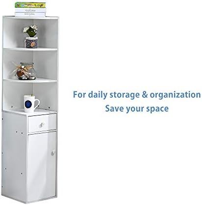HomeSailing Living Room Wood Slim Bookcase Cabinet with Drawers and 3 Shelves Corner Unit Storage Display Book Shelves Tall Bedroom Cupboard Sideboard for Small Dorm Apartment