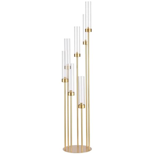 VINCIGANT Kerzenständer Gold 7 Armig, 123cm Höhe Groß Bodenkerzenhalter aus Metall mit Acryl-Lampenschirm für Hochzeit Esstisch Mittelstück, Wohnzimmer, Party-Dekoration (Ohne Kerzen)