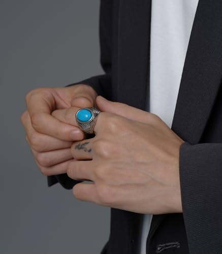 MYNENEY Retro Vintage Stone Rings for Men Turquoise Rings Stainless Steel Signet Biker Band2