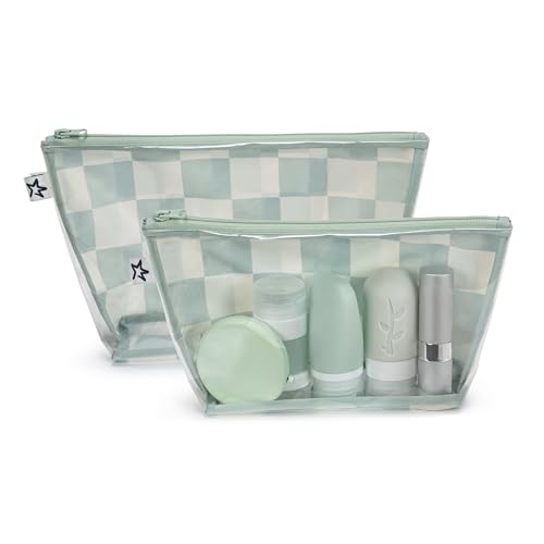 Image of Tiny Twinkle Diaper Bag Organizing Pouches | 2 Pack Mess-Proof Travel Organizer Bags with Structured Bottom & Clear Front | TSA Approved Toiletry Bag Set for Baby and Mom Essentials (Sage Checkers)
