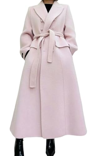 Image of CHARTOU Women Long Winter Wool Pea Coat Lapel Double Breasted Trench Over Coat with Belt (Small,Pink)
