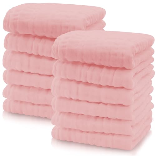 Image of Cute Castle 12 Pack Muslin Baby Washcloths - Large 12'' by 12'' - Ultra Soft 100% Cotton - Super Absorbent Burp Cloths for Unisex, Boy, Girl -Pink
