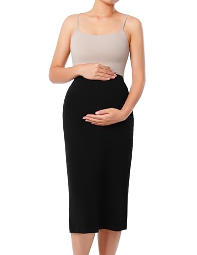 Boonbery BY22 Women'S Maternity Skirt Over The Belly Midi High Pregnancy Pencil Skirt Waisted Solid Stretchy Clothes Dress Work Outfits M Black thumb #6