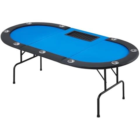 ECOTOUGE Poker Table Foldable, 10 Players Texas Holdem Poker Table with Metal Cup Holders & Folding Legs, Oval Casino Leisure Game Table Top for Blackjack, Card Game, Blue Cover