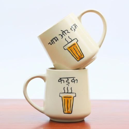 Image of WEAVING HOMES Kadak & Chai or Tum Mug - Stylish Mugs and Ceramic Cups Set, Ceramic Coffee Cups for Office and Travel, Gift Items for Women