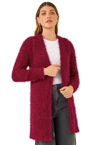 Image of Roman Women Fluffy Cardigan Ladies Winter Cardi Longline Edge to Edge Ombre Coatigan Casual Sparkly Glittery Jacket Knitwear Knitted Autumn Fleecy Cosy Soft Coats - Crimson - Size 14