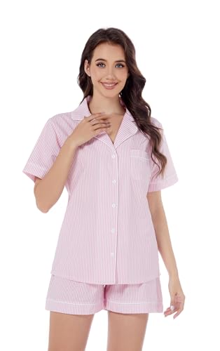 Image of LUBOT 100% Cotton Pajamas for Women 2 Piece PJ Set Poplin Woven Lightweight Ladies Button Short Sleeve Sleepwear S-XXL
