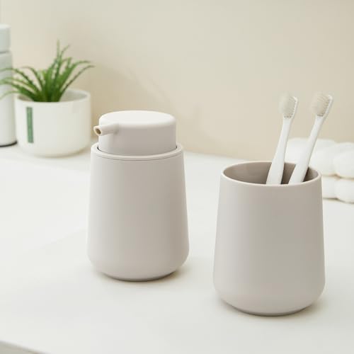 Image of YAUKPH Matte Beige Foaming Hand Soap Dispenser Plastic 11 oz - Modern Minimalist Style for Bathroom & Kitchen Countertop Refillable