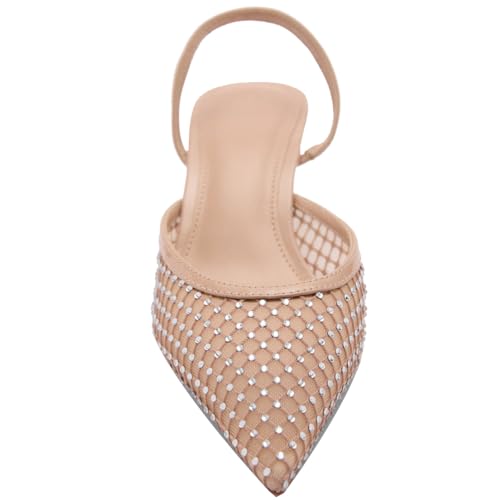 YIYA Women's Beige Sparkly Rhinestone Mesh Kitten Heels Closed Pointed Toe Slingback Mid Heels Slip On Wedding Dress Pumps Shoes3