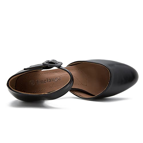 Enelauge Women's Ankle Strap Closed Toe Low Chunky Heel Dress Work Pumps4