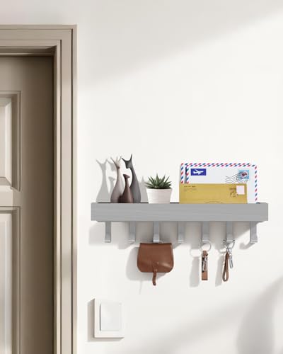 Image of Key Holder Wall Mount Magnetic Adhesive - Key Hooks Rack with shelf | Key Hanger with Mail Organizer for RV Camper Fridge Living Room Decor, Home Essentials, Large Grey