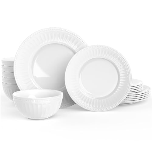 Dinnerware Set, HomeElves 18-PCS Kitchen Opal Embossed Dishes Set Service for 6, Lightweight Glass Plates and Bowls Set, Break and Chip Resistant, Dishwasher & Microwave Safe, Round
