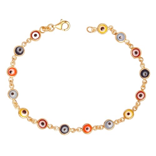 Image of TRUESILVER ACPL 925 Sterling Silver 14K Gold Plated Protection Bracelet Jewelry Mixed Colorful Mini Turkish Evil Eye Bracelet for Women 7.25 Inches