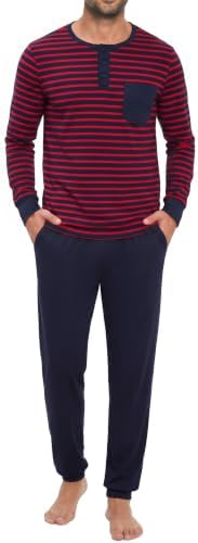 Leversic Zweiteiliger Pyjamaset Herren Lang Rundhals Streifen | Schlafanzug Herren Lang Aus Baumwolle mit Tasche; bequem als Schlafanzug und Loungewear.