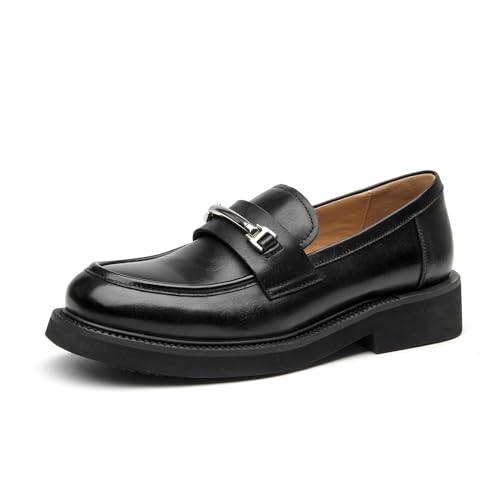 Image of BEAU TODAY Chunky Platform Loafers Women, Slip On Penny Loafers for Women Casual Shoes, Leather Comfortable Business Office Ladies Dress Shoes with Metal Buckle Black US 8