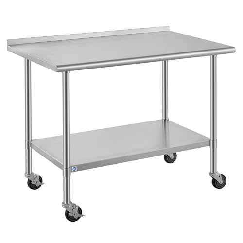 Image of ROCKPOINT All Stainless Steel Prep Table with Caster & Backsplash 30x48 Inch,Commercial Heavy Duty Workbench with Stainless Legs & Adjustable Undershelf,840 lb Capacity for Outdoor Kitchens with Wheel