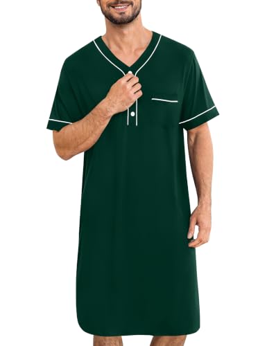 Image of SWOMOG Mens Nightgown Short Sleeve Lounge, Sleep Henley Shirt Pajama Big & Tall Nightshirt Comfy Nightwear M-3XL