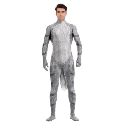 Image of Animal Full Bodysuit for Men Muscle Spandex Jumpsuit Furry Costume with Big Tail for Adult Cosplay Halloween Party