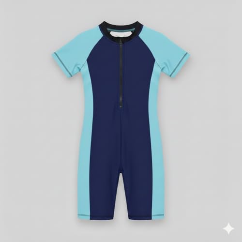 Image of A.T.U.N. (ALL THINGS UBER NICE) Girls One Piece Swimsuit with Front Zip Closure | Half Sleeve Athletic Swimwear with Knee Length Fit | Comfortable Pool and Beach Swimming Costume for Kids