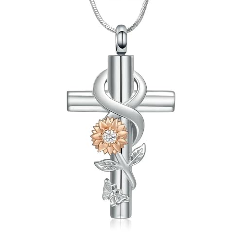 ADENLA Joyería de cremación con Cruz Collar de urna de Mariposas para Cenizas Colgante conmemorativo de Recuerdo de Girasol de Acero Inoxidable para Mujeres Hombres - Rosa Blanco