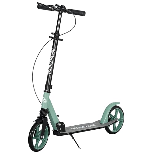 HOMCOM Patinete Plegable para Adultos y Niños de +14 Años Scooter Ligero con Manillar Ajustable Grandes Ruedas Ø200 mm Amortiguador y Freno Aluminio Carga 100 kg 91,5x36,5x91-104 cm Verde