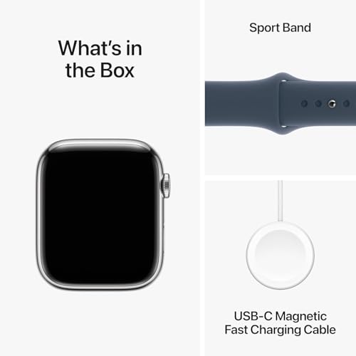 Image of Apple Watch Series 9 [GPS + Cellular 45mm] Smartwatch with Silver Stainless Steel Case with Storm Blue Sport Band S /M. Fitness Tracker, ECG Apps, Always-On Retina Display