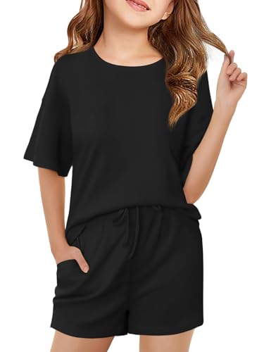 Image of Haloumoning Girls Summer 2 Piece Outfits Kids Oversized T Shirts and Shorts Clothing Sets 5-14 Years