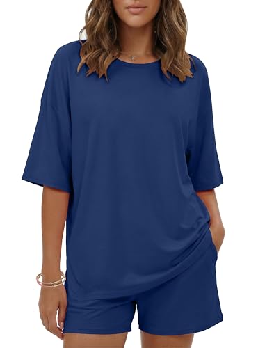 Image of Ekouaer Women's Two Piece Lounge Set Oversized Boxy T-shirt Casual Short Sets Summer Travel Matching Set 2026 Fashion