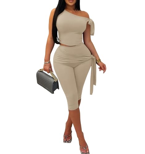 Vssjavun Women's 2 Piece Outfits Sexy Sleeveless One Shoulder Crop Tops Bodycon Capri Pants Sets Party Clubwear Khaki S by Vssjavun - Used condition - US$24.68