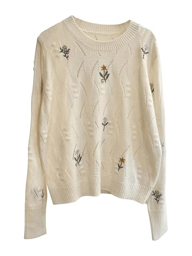 GORGLITTER Women's Embroidered Sweaters Floral Lightweight Long Sleeve Crochet Knit Cute Fall Sweater 20253