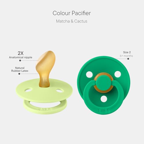 Image of BIBS Color Pacifier 2-Pack, BPA Free Pacifiers, Round Nipple. Natural Rubber Latex, Size 2 (6-18 Months), Matcha /Cactus