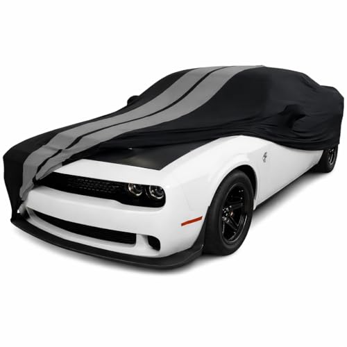 Image of SR1 Performance USA Indoor Car Cover for Dodge Challenger 2008-2023 - Ultraguard Stretch Satin Custom Fit, Dust Cover, Breathable Scratch-Resistant Sport Series Stripe (Black /Gray)