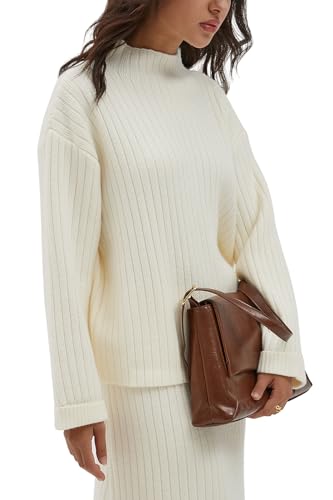 CHYRII Womens Fashion Two Piece Outfits Mock Neck Oversized Sweater Tops Skirt Sets Sweater Dress Lounge Set 7