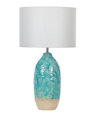 Beliani Lampe de table Base en Céramique Ornée Tissu Blanc Abat-jour Turquoise Ataba