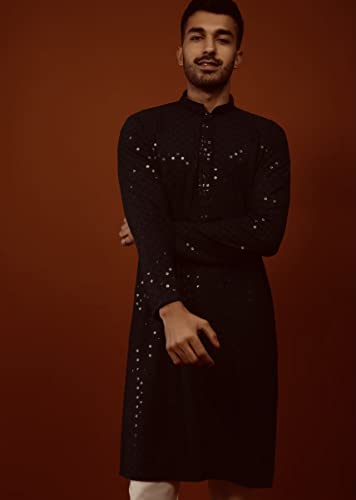 Image of Men's Rayon Blend Lucknowi Sequence Kurta Pyjama (Chickankari)