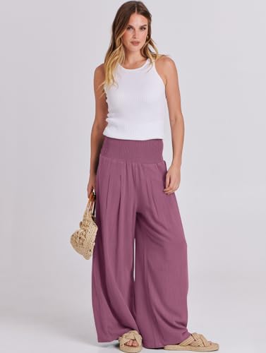 Image of ANRABESS Women Linen Palazzo Pants Summer Boho Wide Leg High Waist Casual Lounge Pant 2026 Beach Travel Vacation Outfits