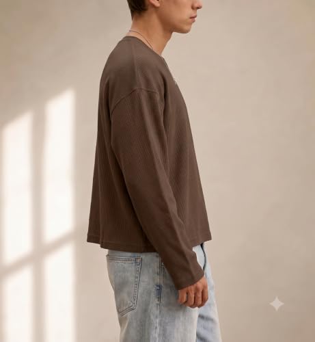 Generic Men's Waffle Knit Long Sleeve Crew Neck T-Shirt, Black - Image 4