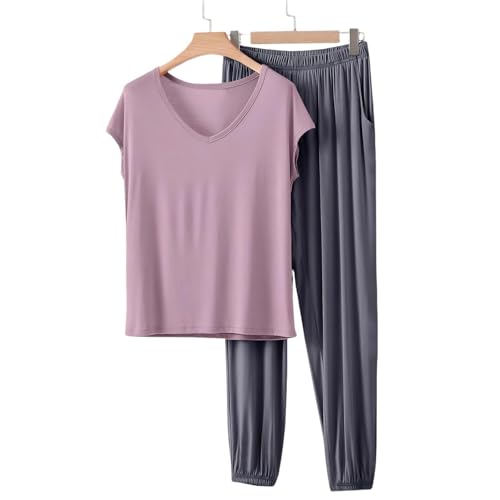 Image of HGps8w Women's Modal Soft Summer Pajamas Sets, Loose V Neck Short Sleeve Top Joggers Pants Matching 2 Piece Lounge Outfits