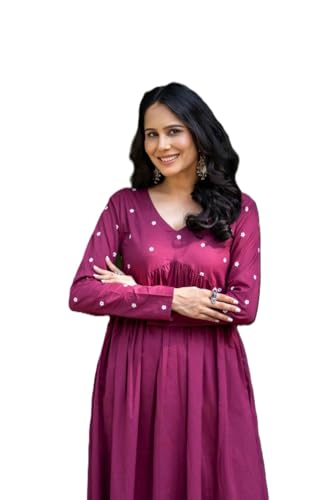Image of Women's Dhanna Fashion Long Cut Salwar Suit with White Polka Dots,Full Sleeves, V-Neck,, Rayon