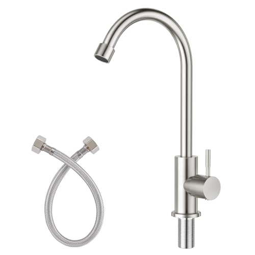 CREA Cold Water Only Faucet for Kitchen Bar Outdoor Sink 1 Hole High Arc 360Swivle Single Handle Cold Water Tap Brushed Nickel Stailess Steel - 2.2 Extra Long Thread Rod