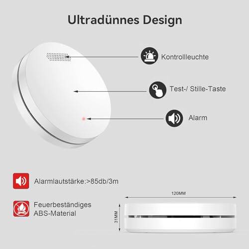 CPVAN Rauchmelder Vernetzt 10 Jahre Batterie mit Klebepad | Ohne Bohren, EN14604 Geprüft Funk...